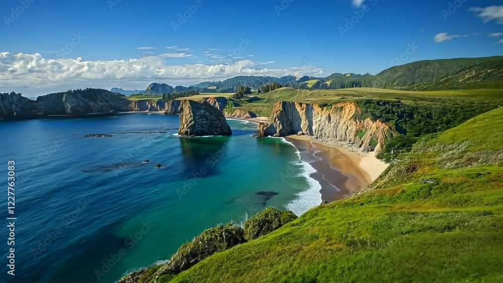 Serene Coastal Landscape with Cliffs and Calm Waters under Blue Sky Serene Coastal Landscape with Cliffs and Calm Waters under Blue Sky