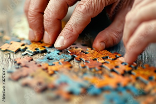 Hands engage in careful placement of colorful puzzle pieces on a wooden surface