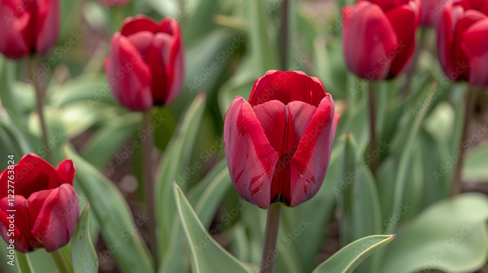 Fototapeta premium A close-up of a tulip garden with deep red petals contrasting against fresh green leaves and stems