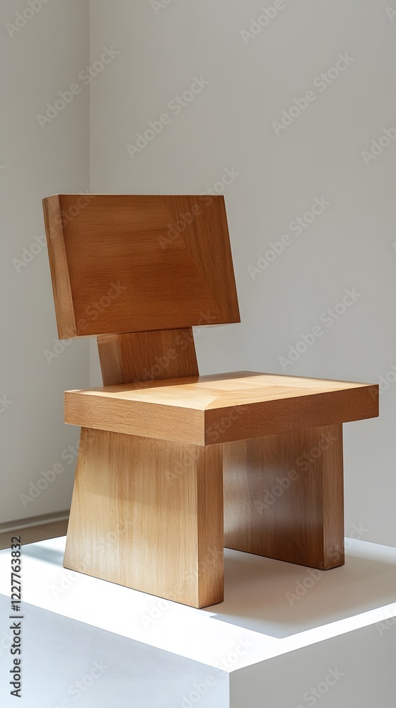 65. A simple wooden side chair with a geometric design, placed on a white surface 65. A simple wooden side chair with a geometric design, placed on a white surface