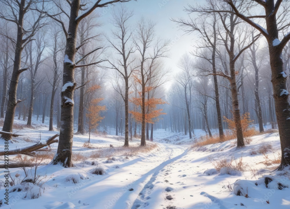 Fototapeta premium Snowy forest landscape with bare trees and white snowfall, bare trees, white snowfall