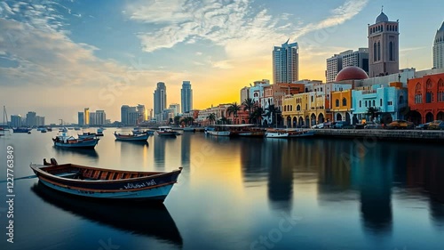 Wallpaper Mural Serene sunset over a vibrant cityscape with traditional boats on water Torontodigital.ca