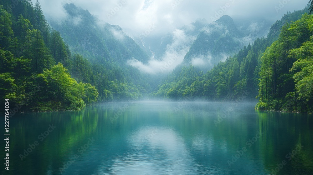 Serene Misty Mountain Lake Surrounded by Lush Green Forest and Foggy Peaks Reflection Serene Misty Mountain Lake Surrounded by Lush Green Forest and Foggy Peaks Reflection