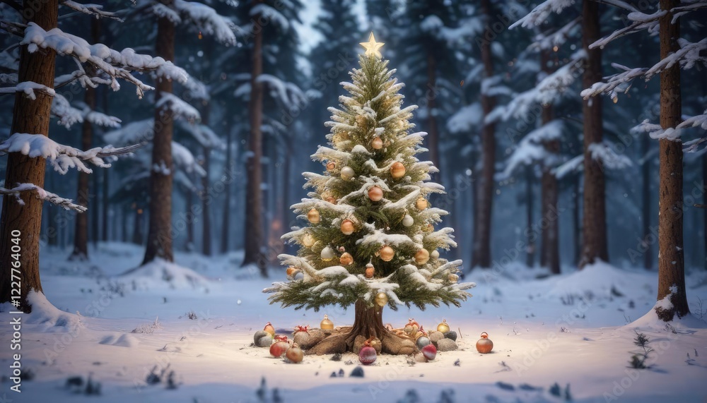 Fototapeta premium Snowy forest Christmas tree with ornaments and lights, decorations, winter, tree