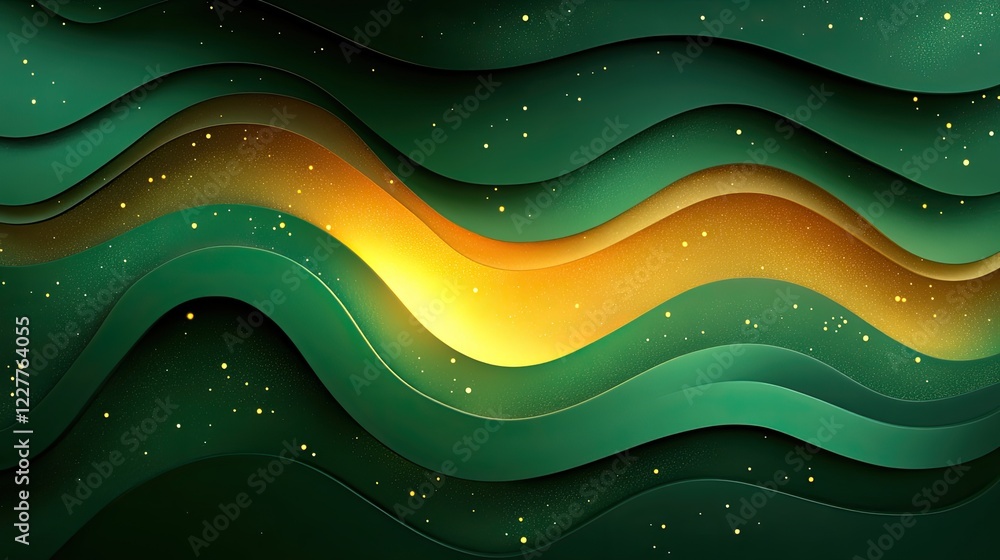 Fototapeta premium Abstract wavy patterns in green and gold tones creating a serene and dynamic visual effect