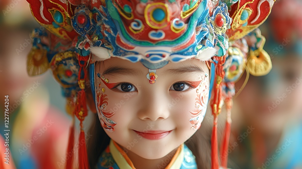Naklejka premium Young Performer in Colorful Traditional Costume Displays Vibrant Makeup During Cultural Event in Asia