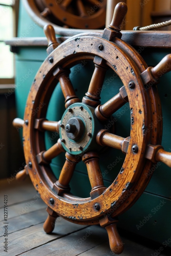 Obraz premium Distressed wooden ship wheel, wood, anchor, monochrome
