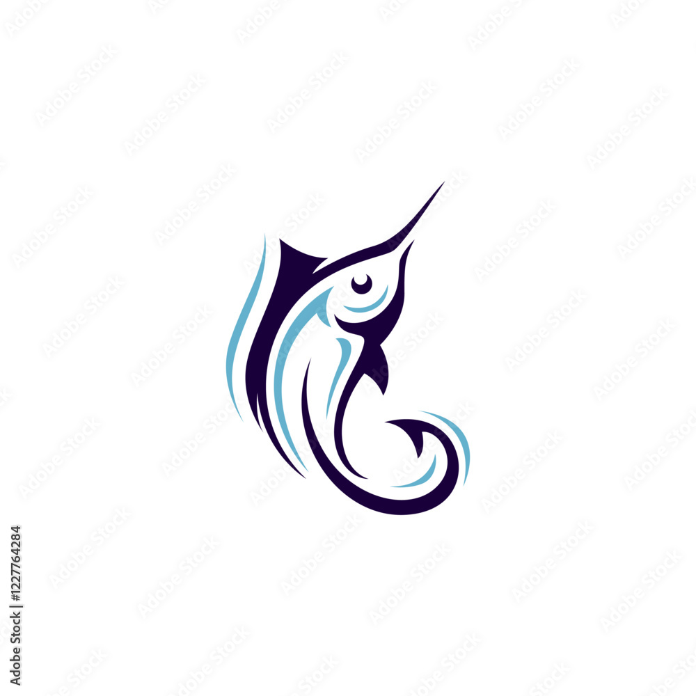 Fototapeta premium marlin fishing logo with fishing hook in flat vector design style