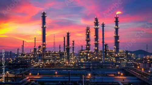 Wallpaper Mural Industrial landscape at sunset showcasing refinery towers with vibrant sky and glowing lights Torontodigital.ca