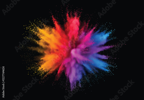 colorful pigment powder, explosion of colored powder exploding isolated on black background