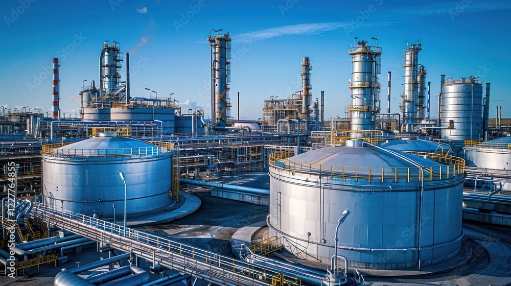 Industrial oil refinery with large storage tanks under a clear blue sky, showcasing modern infrastructure Industrial oil refinery with large storage tanks under a clear blue sky, showcasing modern infrastructure