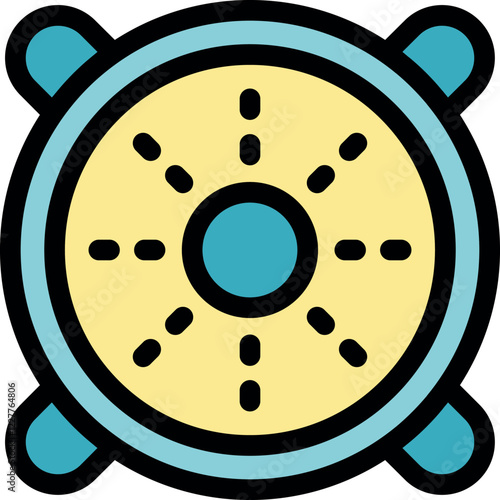 Cartoon style round manhole cover featuring four handles and a central circle emitting light beams, ideal for urban infrastructure projects