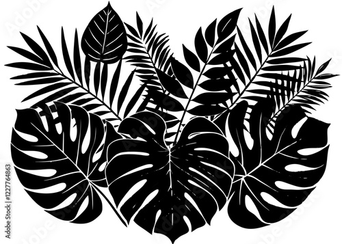 Tropical Leaves Silhouettes Black and White Monstera Palm Fronds Botanical Illustration