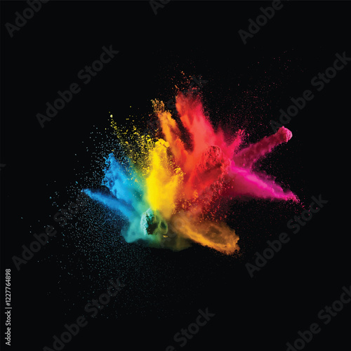 colorful pigment powder, explosion of colored powder exploding isolated on black background