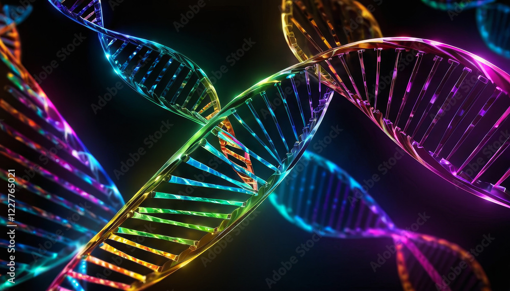 Futuristic glowing DNA strands in a digital sci-fi environment Futuristic glowing DNA strands in a digital sci-fi environment