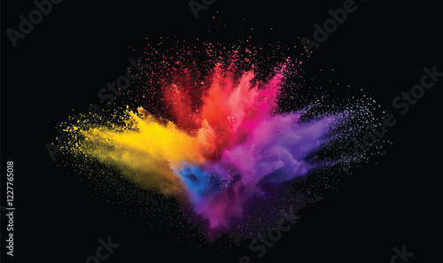 colorful pigment powder, explosion of colored powder exploding isolated on black background