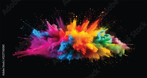 colorful pigment powder, explosion of colored powder exploding isolated on black background