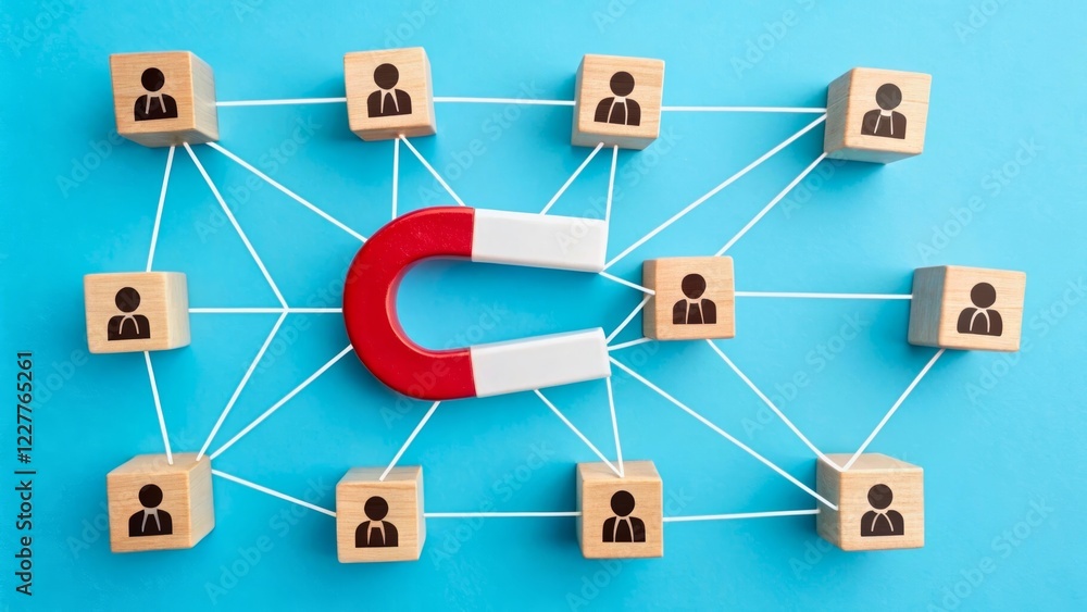 Magnet Attracting Wooden Blocks Representing People and Connections in Business Network Magnet Attracting Wooden Blocks Representing People and Connections in Business Network