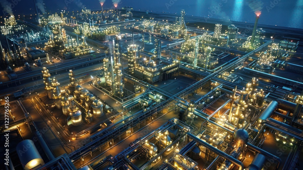 Obraz premium Aerial view of a bustling industrial complex at night, illuminated by bright lights and smoke