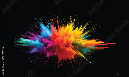 colorful pigment powder, explosion of colored powder exploding isolated on black background