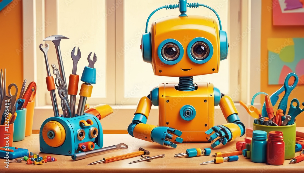 Fototapeta premium Cute toy robot crafting at a colorful workspace under warm light
