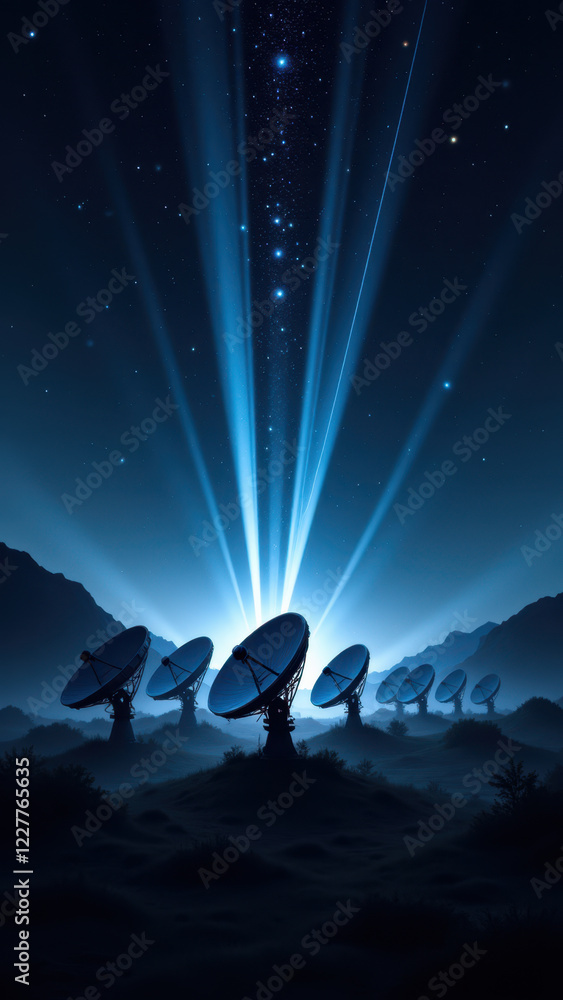 Fototapeta premium Futuristic space exploration scene with multiple large satellites positioned on a mountain range at night under starry skies.