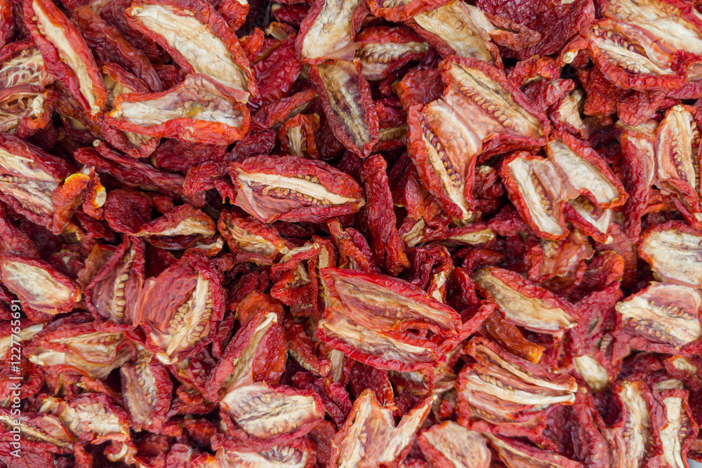 Heap of sundried tomatoes, top view close-up Heap of sundried tomatoes, top view close-up