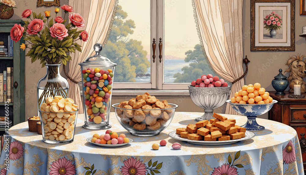 Fototapeta premium Elegant dessert display with colorful sweets on a decorative table