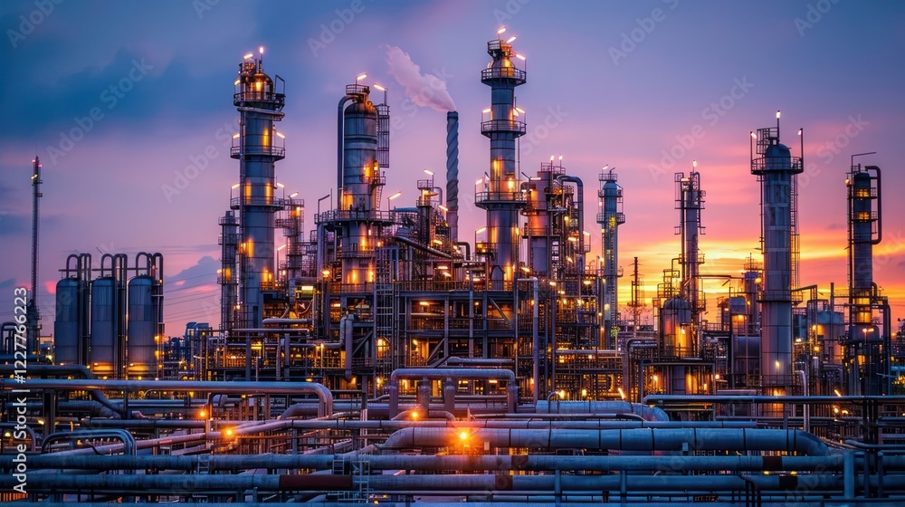 Obraz premium Industrial complex at sunset with illuminated towers and smokestacks against a colorful sky