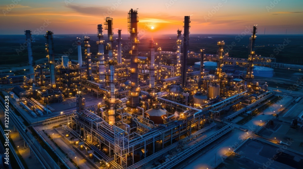 Fototapeta premium Aerial view of a sprawling industrial complex at sunset, showcasing illuminated structures and machinery