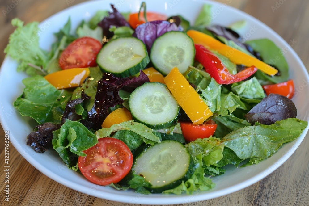 Colorful Fresh Salad Bowl with Crisp Vegetables and Vibrant Greens on a Wooden Table Colorful Fresh Salad Bowl with Crisp Vegetables and Vibrant Greens on a Wooden Table