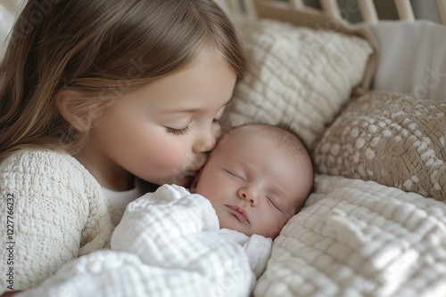 Little Girl Kissing Newborn Sibling on Bed. Kiss Day Concept