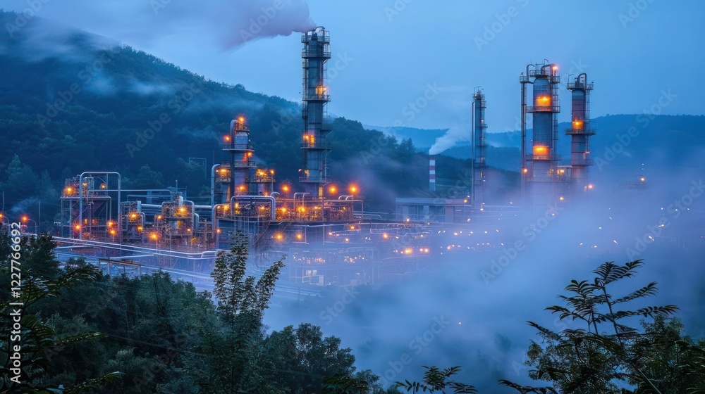 Fototapeta premium Industrial facility at dusk with glowing lights and steam rising amidst a misty landscape