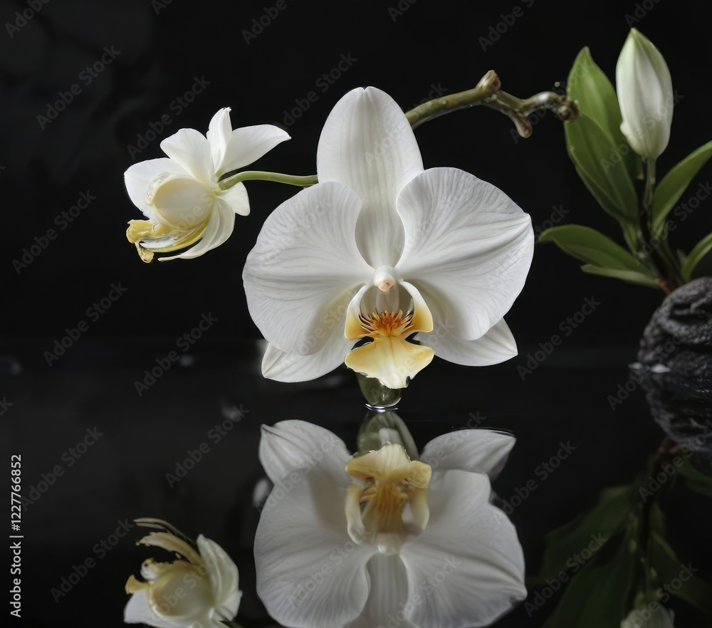 Naklejka premium Single white orchid reflection on black background, elegant, black backdrop, isolated