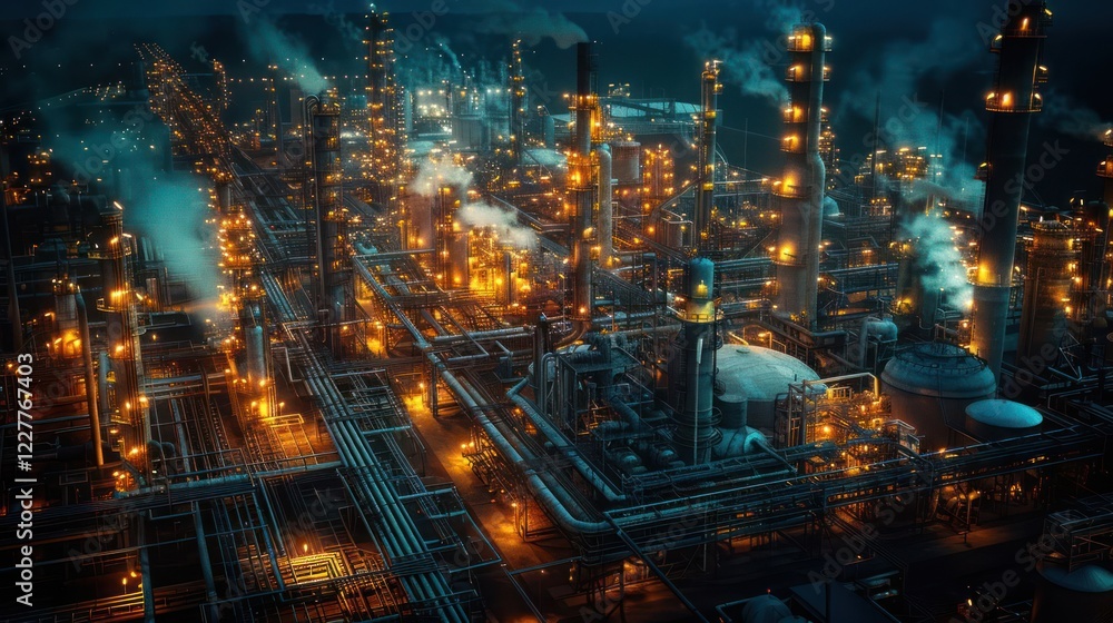 Fototapeta premium Aerial view of a bustling industrial complex at night, illuminated by orange flames and smoke