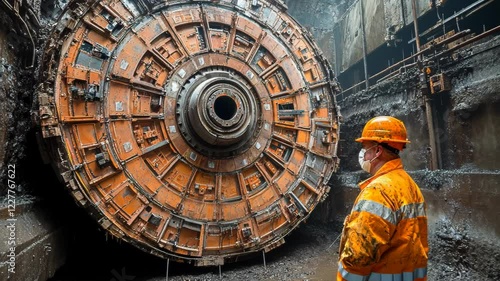 Worker observing large tunnel boring machine in construction site