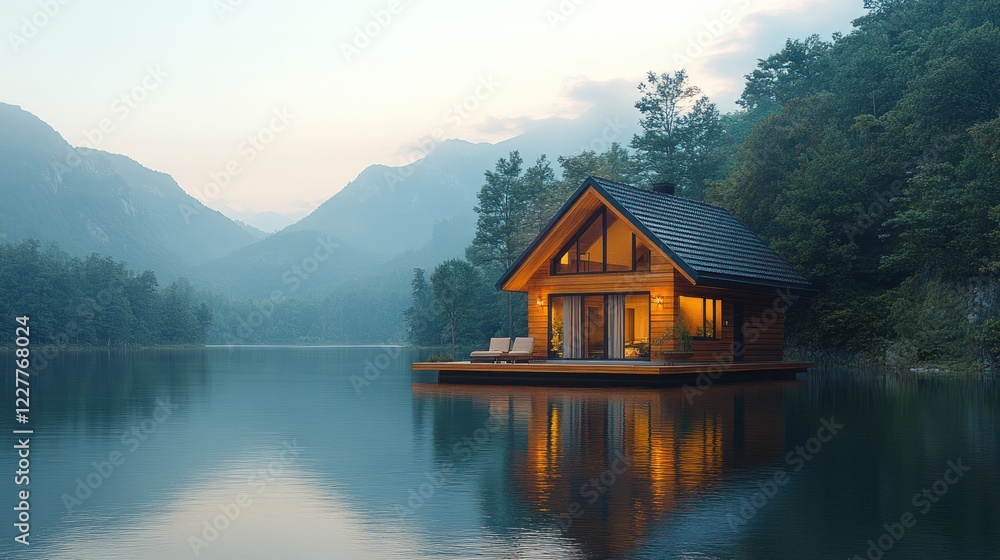 Fototapeta premium Lakeside cabin sunset, mountain view, peaceful retreat