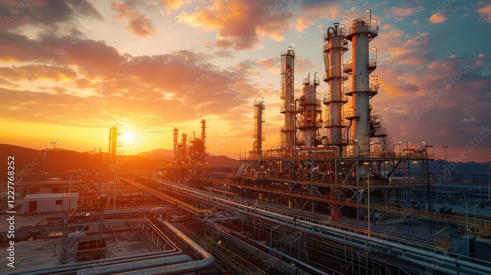 Industrial landscape at sunset with towering refinery structures and vibrant sky colors Industrial landscape at sunset with towering refinery structures and vibrant sky colors