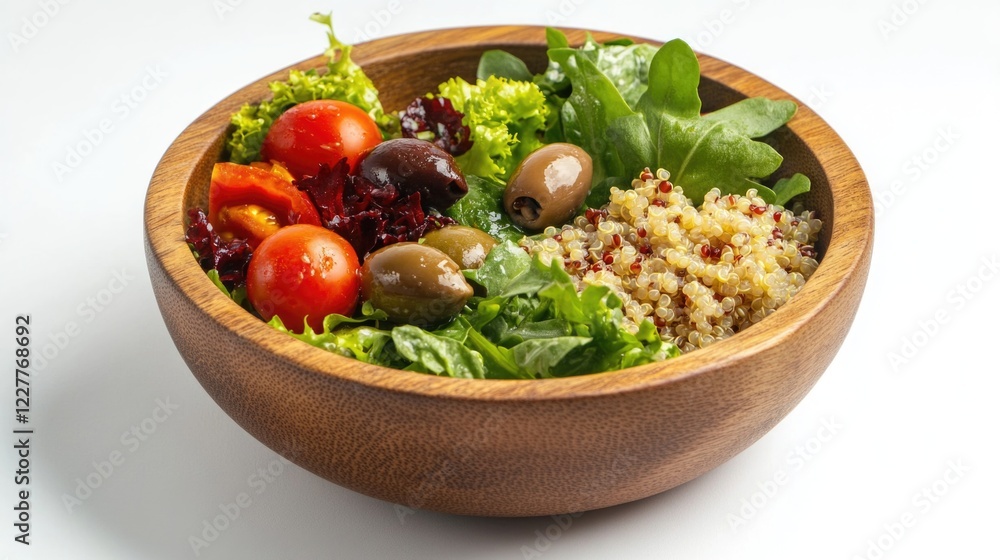 Minimalist salad with quinoa fresh greens cherry tomatoes and olives in a wooden bowl emphasizing clean eating and healthy food choices Minimalist salad with quinoa fresh greens cherry tomatoes and olives in a wooden bowl emphasizing clean eating and healthy food choices