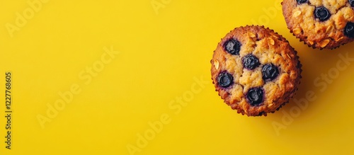 Healthy Blueberry Oat Muffins on Bright Yellow Background Perfect for Sweet Breakfast and Recipe Display with Copyspace for Text photo