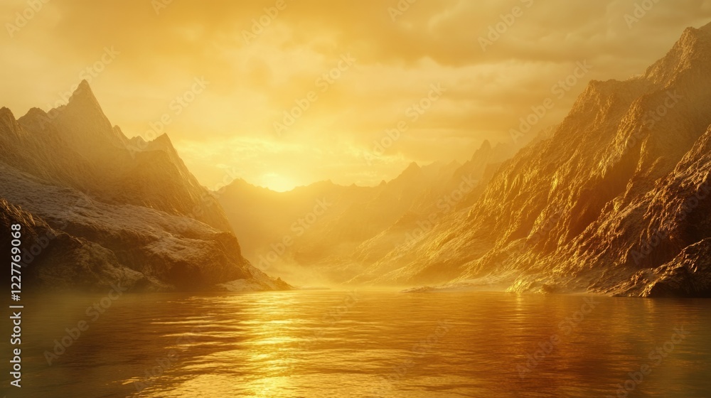 Majestic Dawn Over Mountains and Sea Golden Hues Reflected in Water Tranquil Landscape with Copyspace for Text