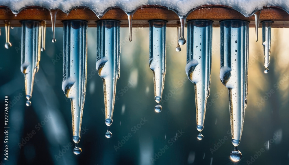 Icicles melting on wooden cabin roof in winter Icicles melting on wooden cabin roof in winter