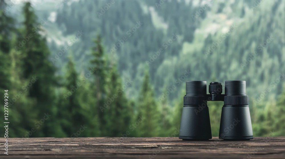 Naklejka premium Black binoculars on a wooden table with forest backdrop