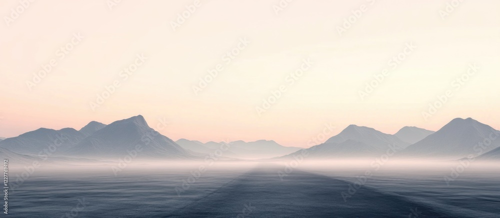 Foggy dawn road leading towards mountains with vast empty space for text or graphics in serene landscape setting Foggy dawn road leading towards mountains with vast empty space for text or graphics in serene landscape setting