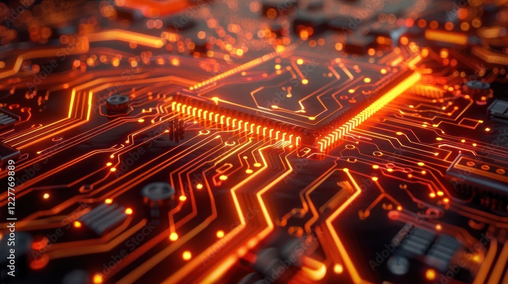 Close-up of a glowing circuit board with intricate designs and vibrant orange lighting
