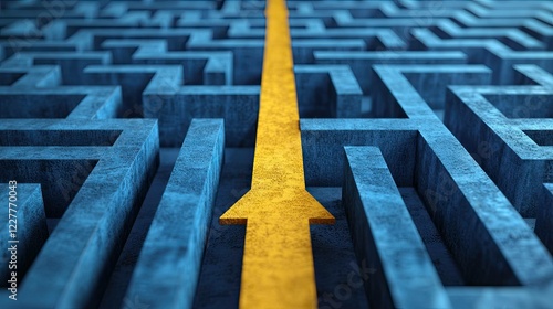 Wallpaper Mural 3D rendering: The idea of resolving a challenging issue. Yellow solution path with arrow on the floor and blue maze. Banner dimensions Torontodigital.ca