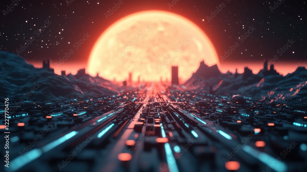Fototapeta premium A futuristic landscape illuminated by a large, glowing sun, with a textured terrain and glowing pathways leading toward distant mountains.