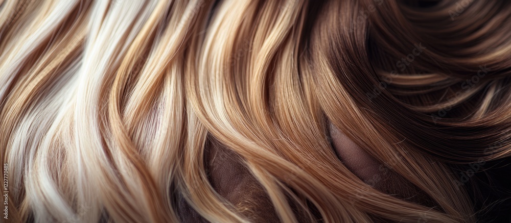 Naklejka premium Hairstylist working with hair extensions in a modern salon setting showcasing beautiful wavy hair and ample space for promotional text.
