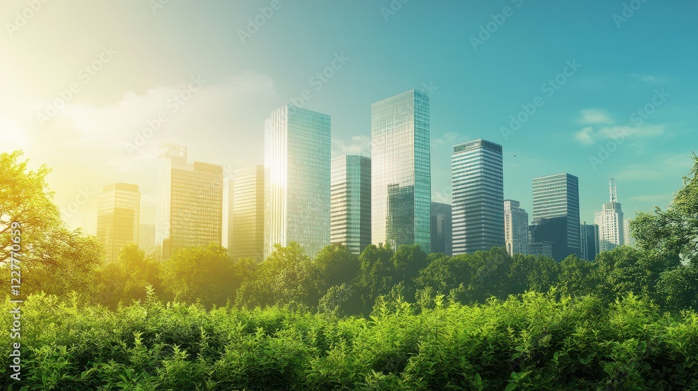 Fototapeta premium Sustainable Urban Environment with Energy Efficient Architecture Surrounded by Lush Greenery and Bright Blue Sky