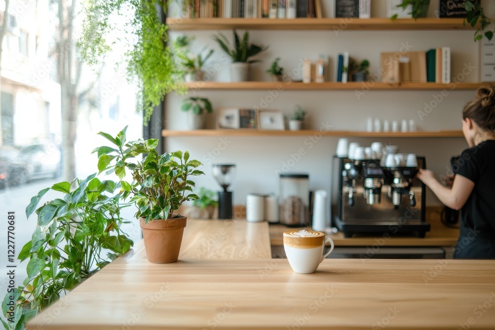 Fototapeta premium Cozy coffee shop with wooden counter and barista preparing fresh brew surrounded by green plants in inviting atmosphere